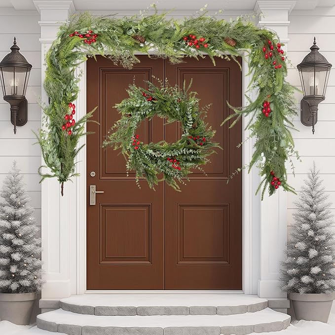 6FT Christmas Garland Norfolk Pine Tree Artificial Cedar Eucalyptus Greenery, Realistic Pine Garland for Mantel Fireplace Stair Rail Doorway Table Centerpiece, Indoor Outdoor Winter Decor