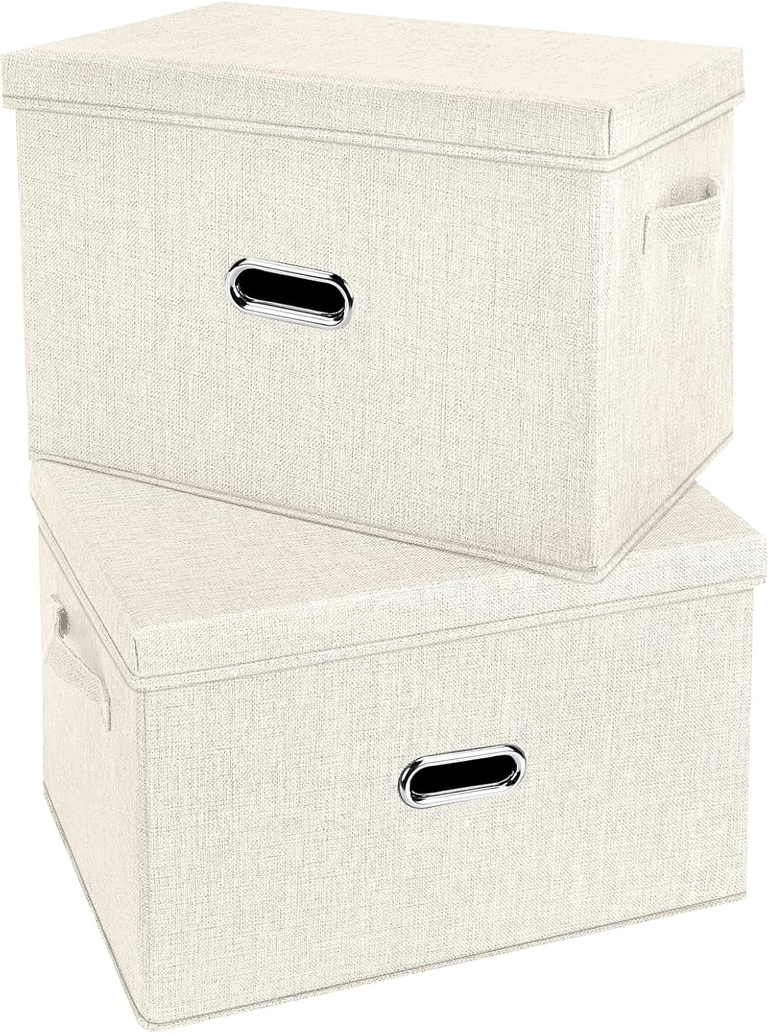 Large Linen Fabric Foldable Storage Bins with Removable Lid and Handles, Washable Storage Box Organizer Containers Baskets Cube with Cover for Bedroom,Office(Cream, Large(2-Pack))