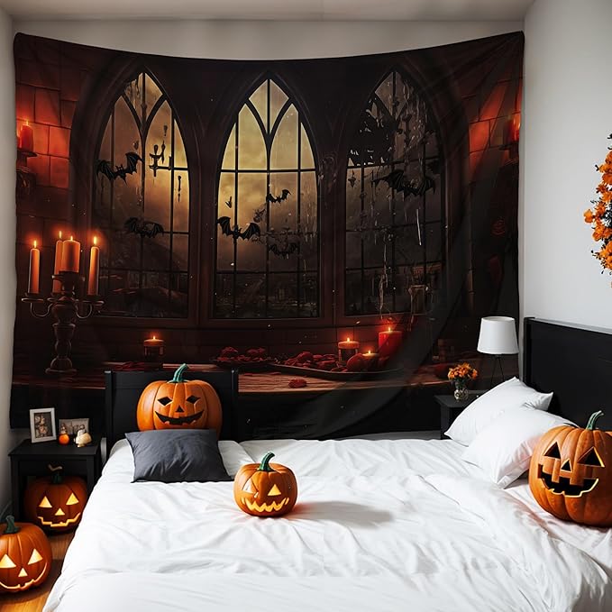 QGHOT Halloween Tapestry Wall Hanging Horror Castle Window Tapestry Gothic Spooky Backdrop Vampire Medieval Tapestries for Bedroom Living Room Dorm Wall Art Decor (104"x78.7")