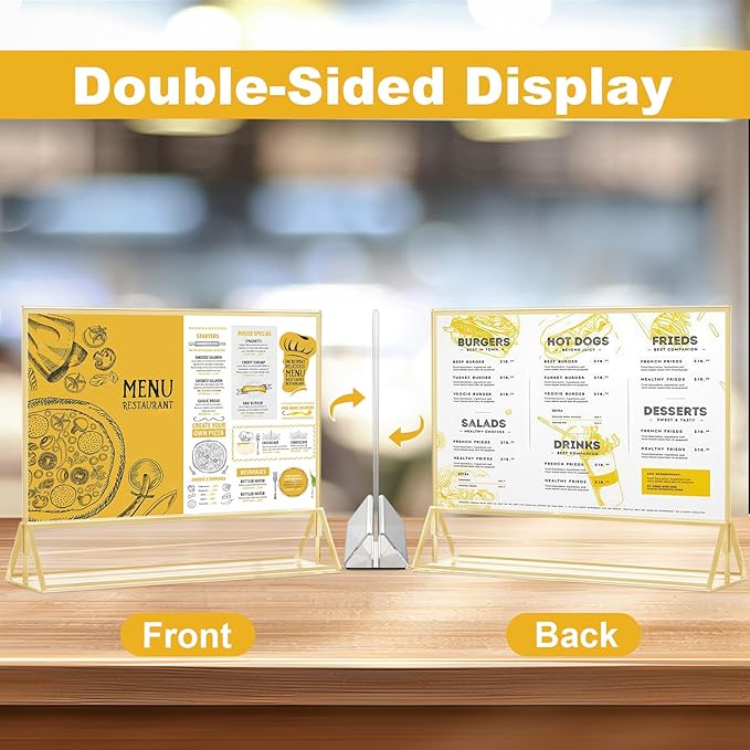 EHWINE 12 Pack Acrylic Sign Holder 5 x 7 Horizontal, Double-Sided Stand up Table Top Sign Holders, Gold Acrylic Picture Frame Menu Flyer Paper Holder Display Stand for Office Business Store Wedding Party