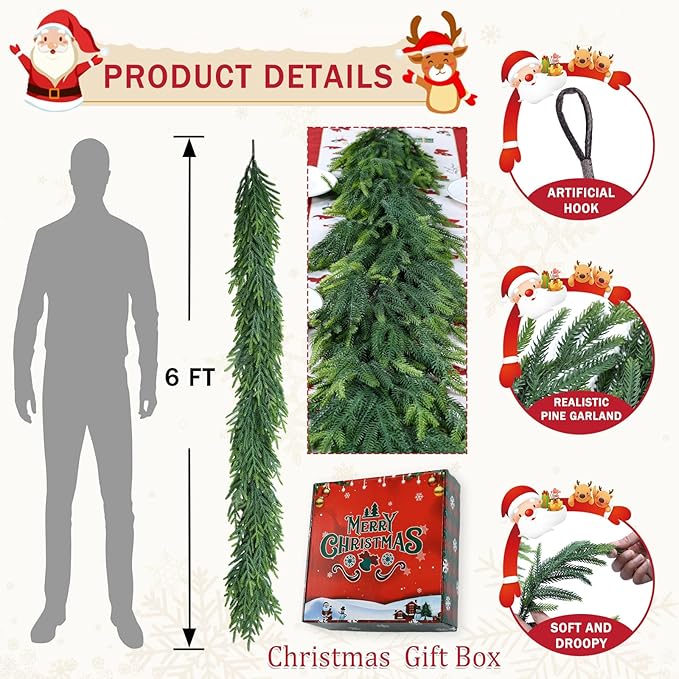 Christmas Cedar Garland for Staircase Real Touch Droopy Bendable Lifelike Faux Xmas Garlands for Decoration Christmas Green Pine Mantle Garland Thanksgiving Table Decorations Outdoor Indoor 6ft