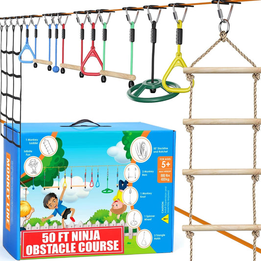 Ninja Warrior Obstacle Course for Kids – 2 x 50 ft Slacklines with 10 Weatherproof Obstacles – Monkey Net, Ratchet-Tight Technology, Supports Up to 880 lbs – Climbing & Swinging Equipment