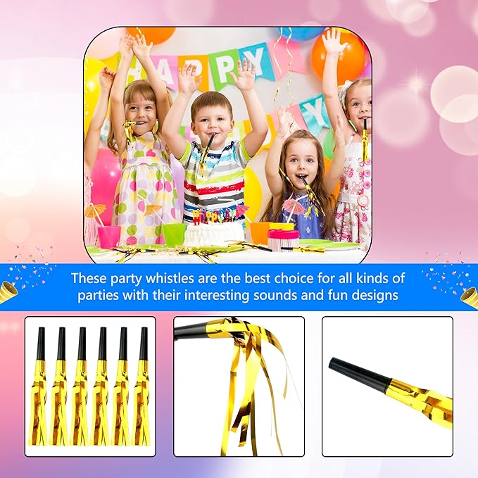 120 Pcs Glitter Bomb Noise Maker Gold Metallic Fringed Squawker Blowouts Silver Musical Blower Whistle for Birthday New Years Party Supplies Sporting Events Graduation (Gold)