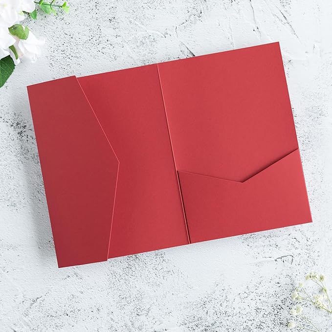 20 PCS Red Tri-fold Laser Cut Wedding Invitation Pockets for 5x7 Wedding Cards Bridal Shower Engagement Quinceanera Invitation