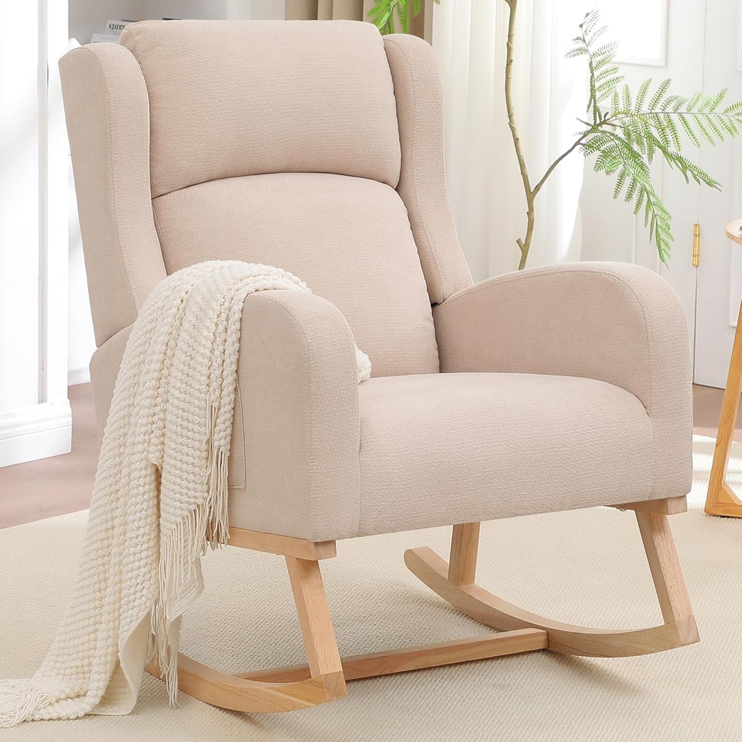 Rocking Chair Nursery, Nursing Rocking Chairs for Mom Nursery, Comfy Wingback Glider Rocking Armchair with Side Pocket for Nursery Living Room Bedroom, Khak