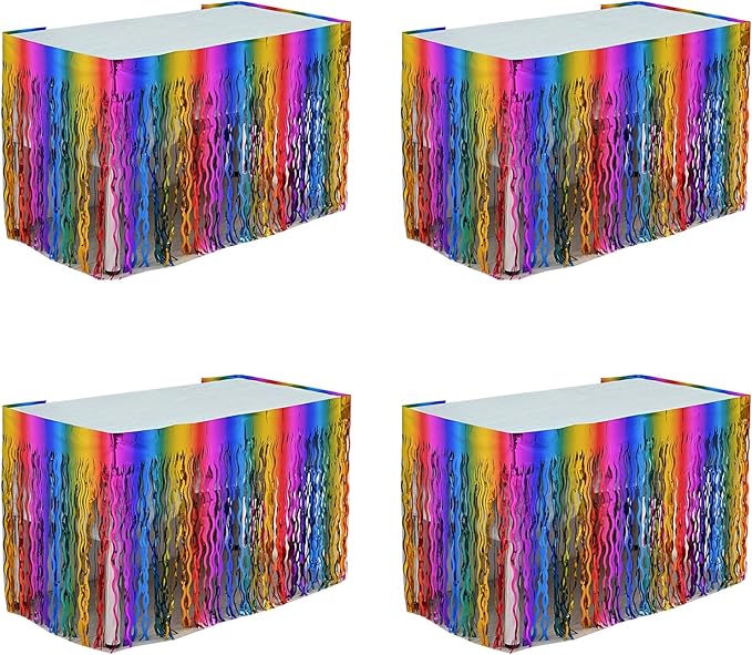 4P Wavy Metallic Tinsel Foil Fringe Table Skirts for Rectangle Tables Backdrop Garland Curtains for Parade Floats Wedding Birthday Parties Decoration Graduation 2025 Christmas (Rainbow)