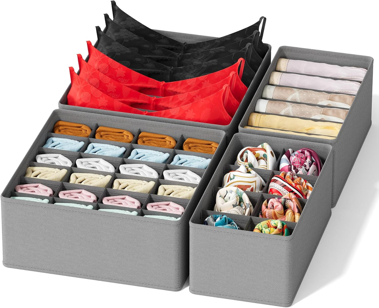 SpaceAid Underwear Drawer Organizer, 4 Pack Dresser Organizer Bins for Nursery, Closet Organization and Storage with Dividers for Baby Clothes Socks Bra Ties Scarf (Grey)