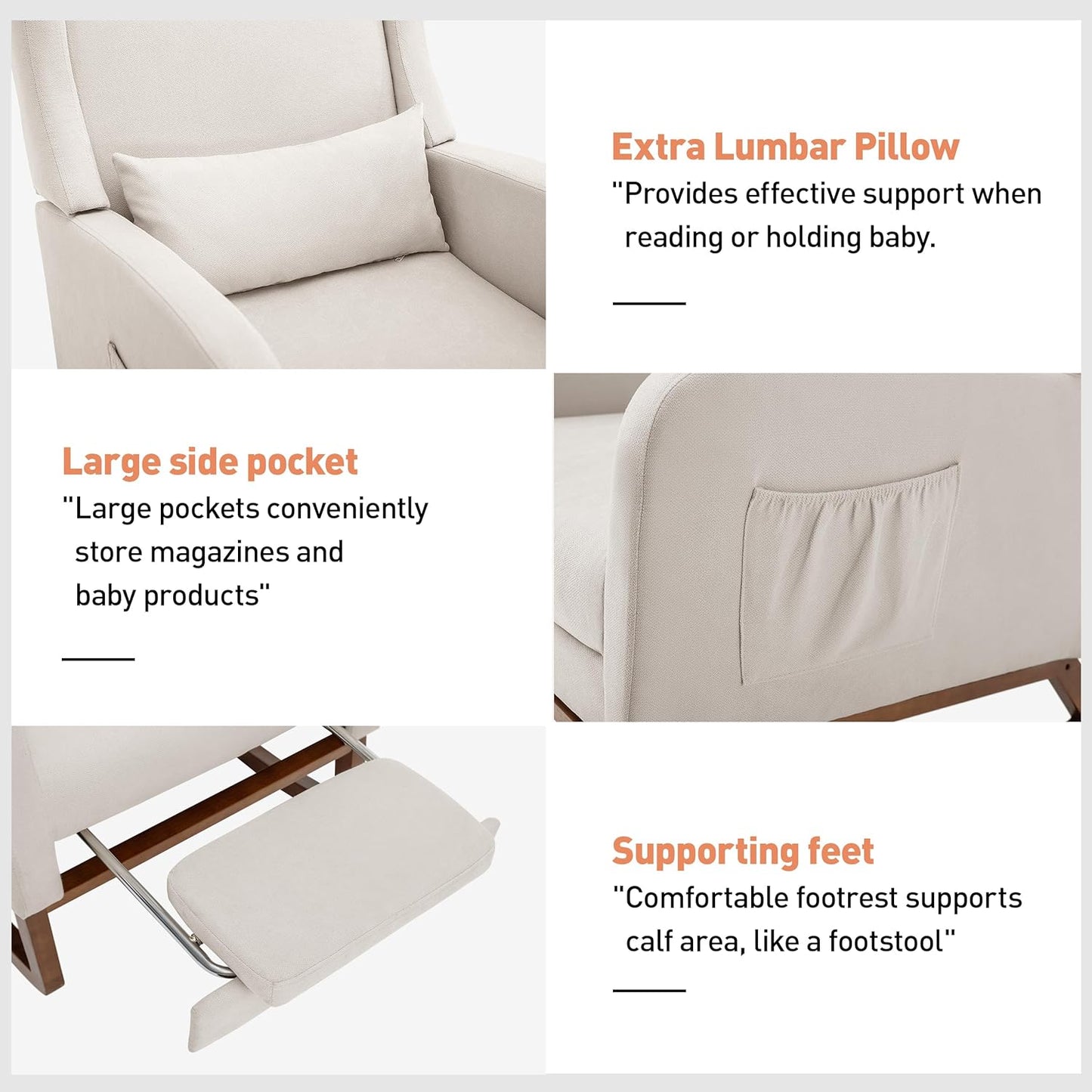 Rocking Chair Nursery Glider Chair with Foot Rest, Nursery Rocking Chairs with Rubber Wood Legs Side Pocket, High Back Nursing Chair, Accent Rocker Arm Chair Baby Bedroom, Living Room, Beige