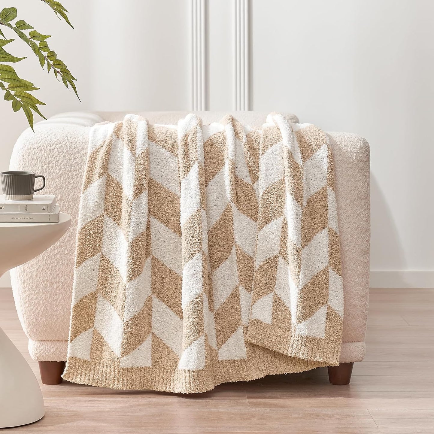 Snuggle Sac Chevron Throw Blanket for Couch, Reversible Super Soft Warm Blankets Cozy Knit Fuzzy Plush Lightweight Throws for Sofa, Bed, Camping, Beige,50x60 inches