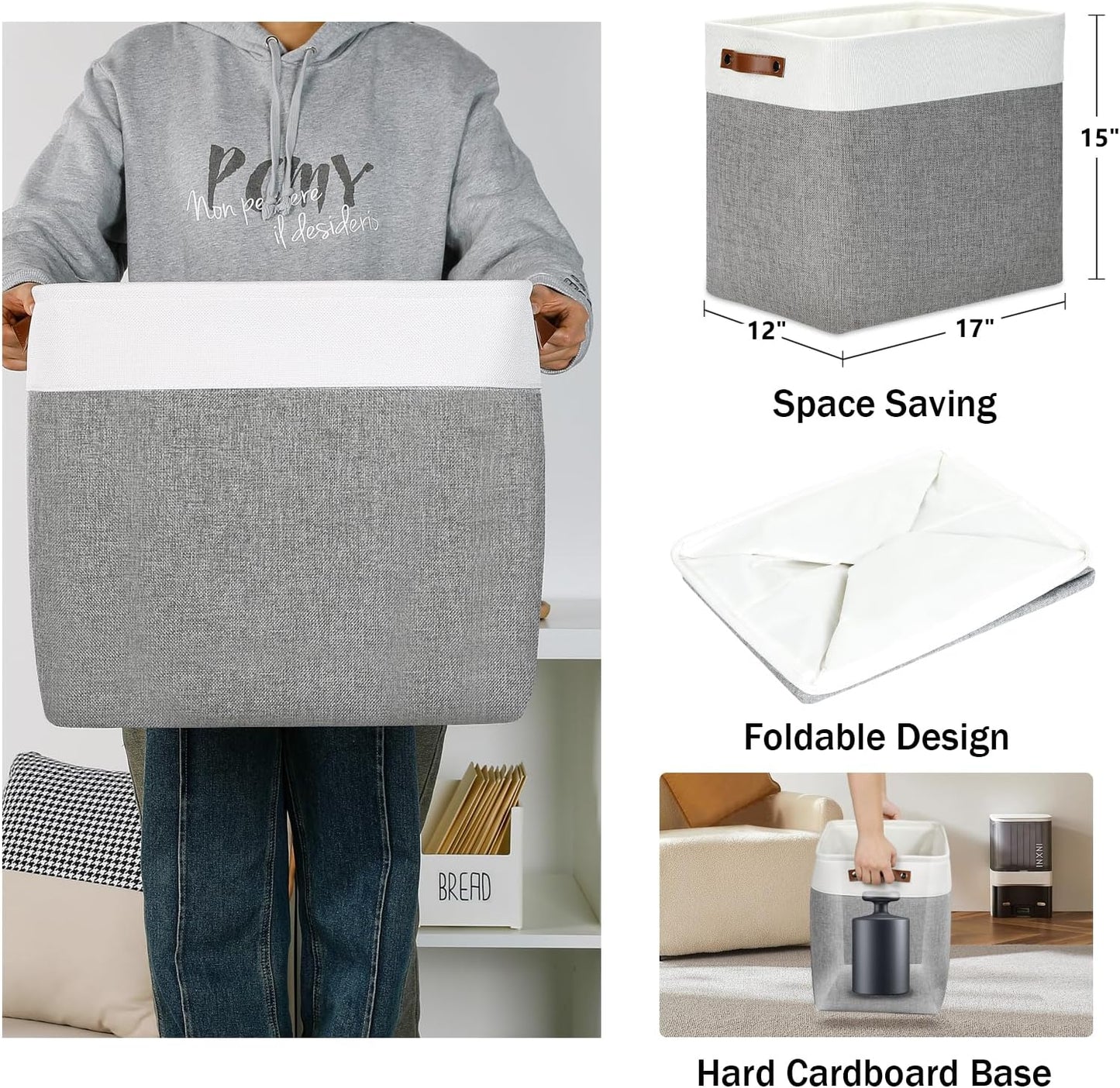 DULLEMELO Storage Baskets 17 inch Large Basket for Blanket Living Room, Foldable Storage Bins Baskets for Organizing [3 Pack] Blanket Storage Baskets Organizer for Home,Office,Closet(White&Grey)