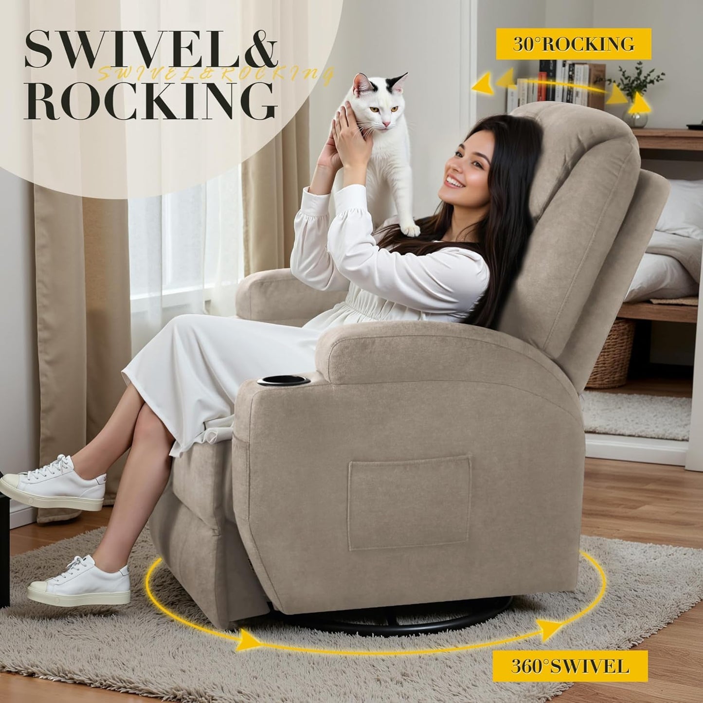 Recliner Chair, 360° Swivel Rocker Chair for Adults, Rocking Recliner Chair with Massage, Comfy Single Sofa with Side Pockets Cup Holders for Living Room, Bedroom, Nursery (Fabric, Khaki)