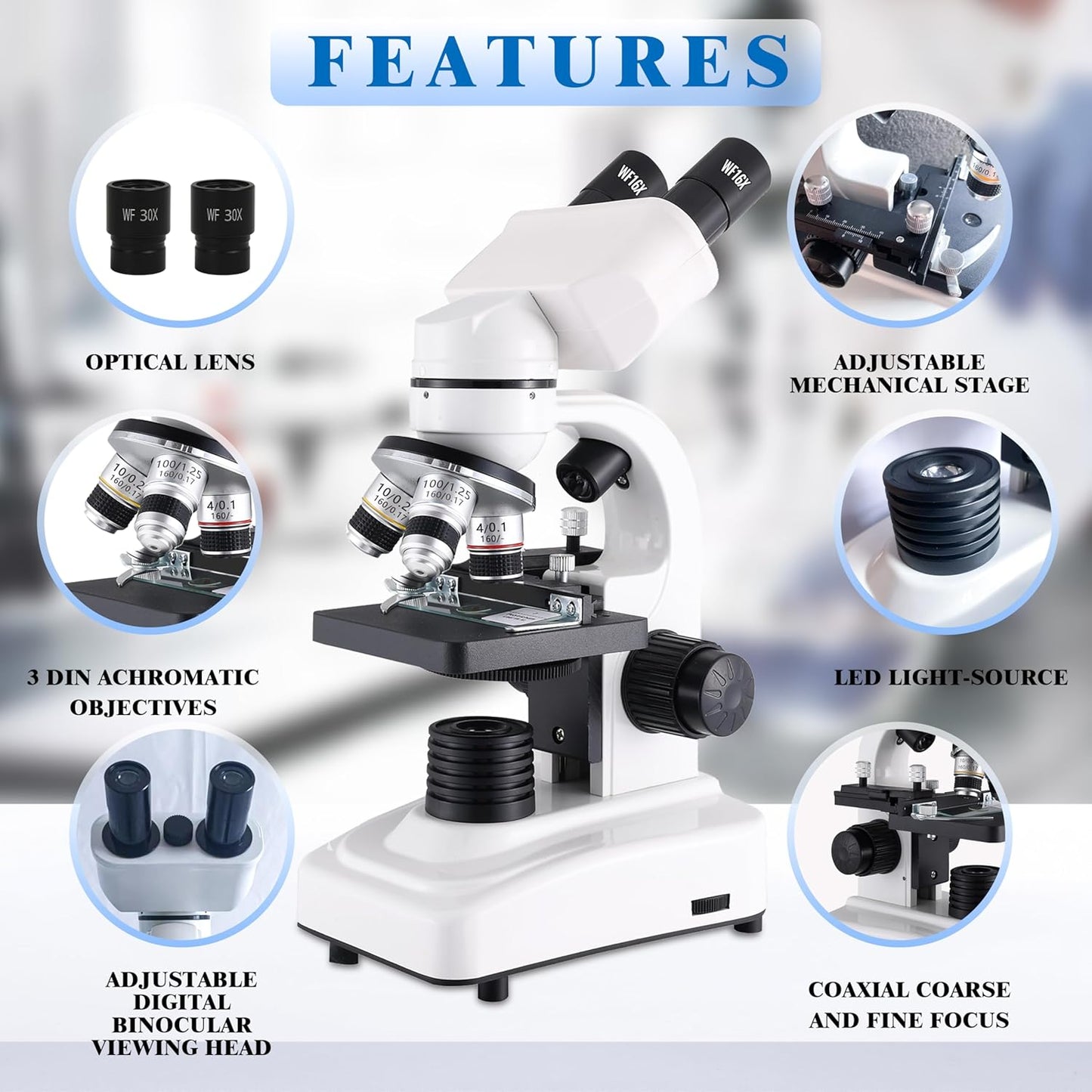 Binocular Microscope for Adults Kids Students, 64X-6000X Microscopes, 3 Objective Lens, Metal-Body Dual LED Illumination, Biological Compound Microscope Kit for School Lab, Homeschool
