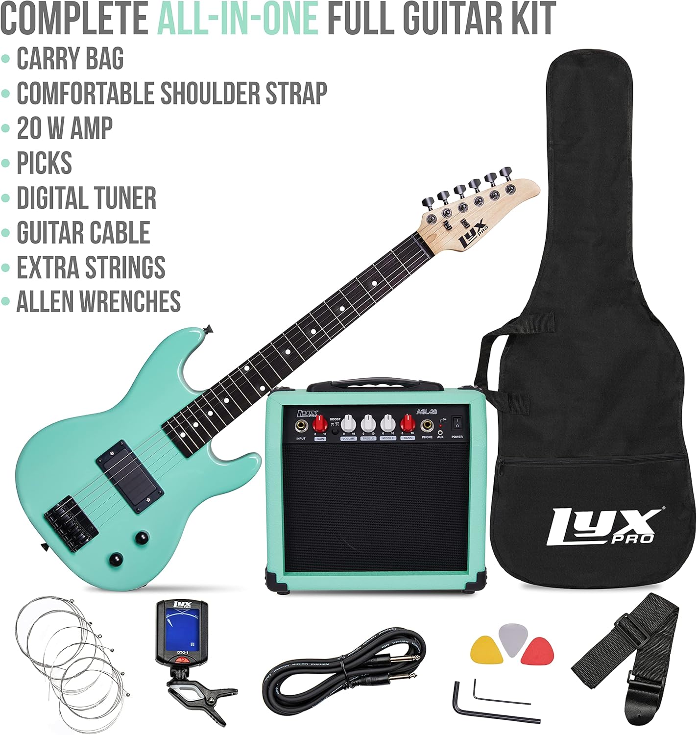 LyxPro 30 Inch Electric Guitar and Starter Kit for Kids with 3/4 Size Beginner’s Guitar, Amp, Six Strings, Two Picks, Shoulder Strap, Digital Clip On Tuner, Guitar Cable and Soft Case Gig Bag - Green