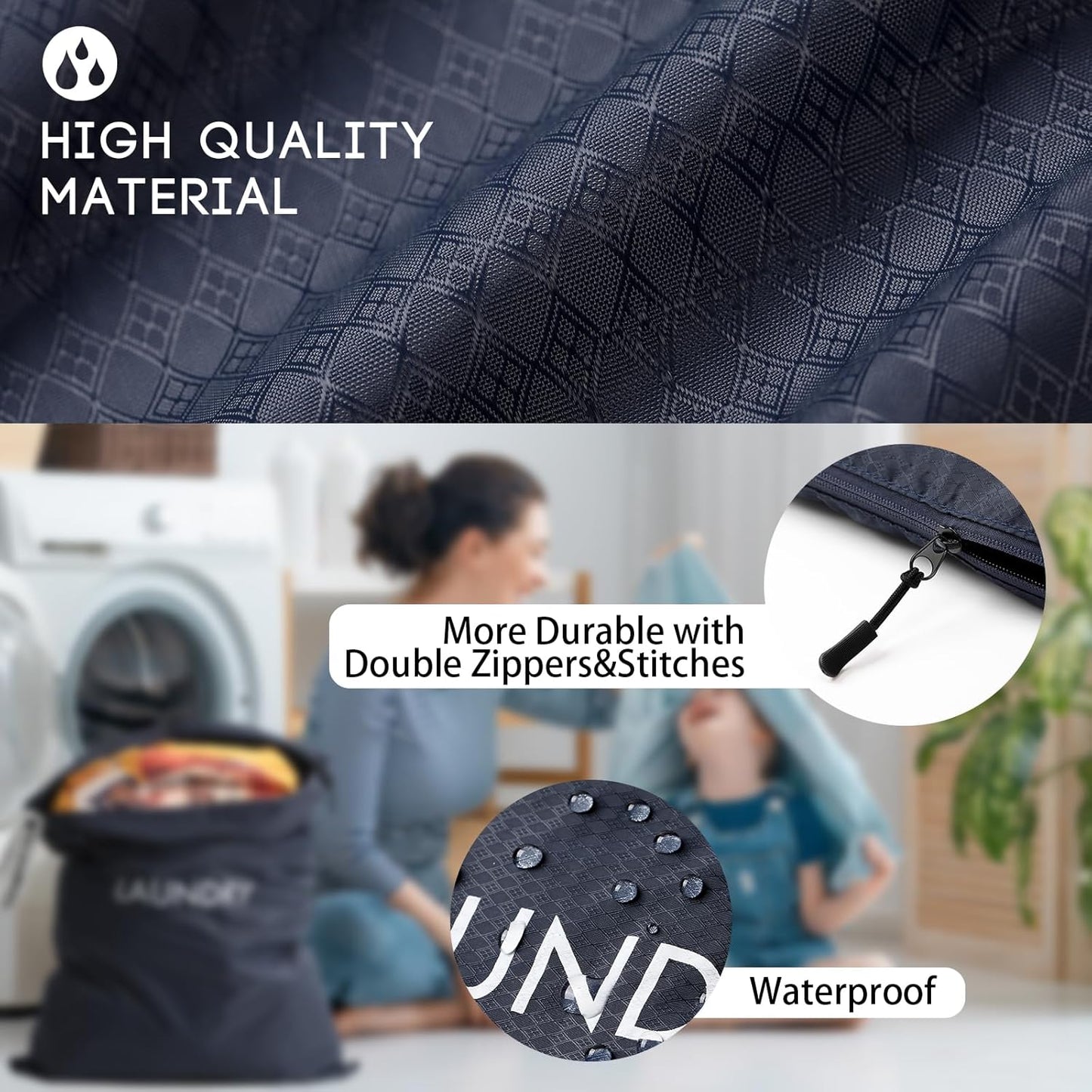 Travel Laundry Bag (2 Pcs - Large + Small) - Foldable Waterproof Washable Wet Dry Bag for Gym, Swimming, Yoga, and Workout Perfect for Dirty Clothes, Bathing Suits, Travel Accessories - Navy Blue