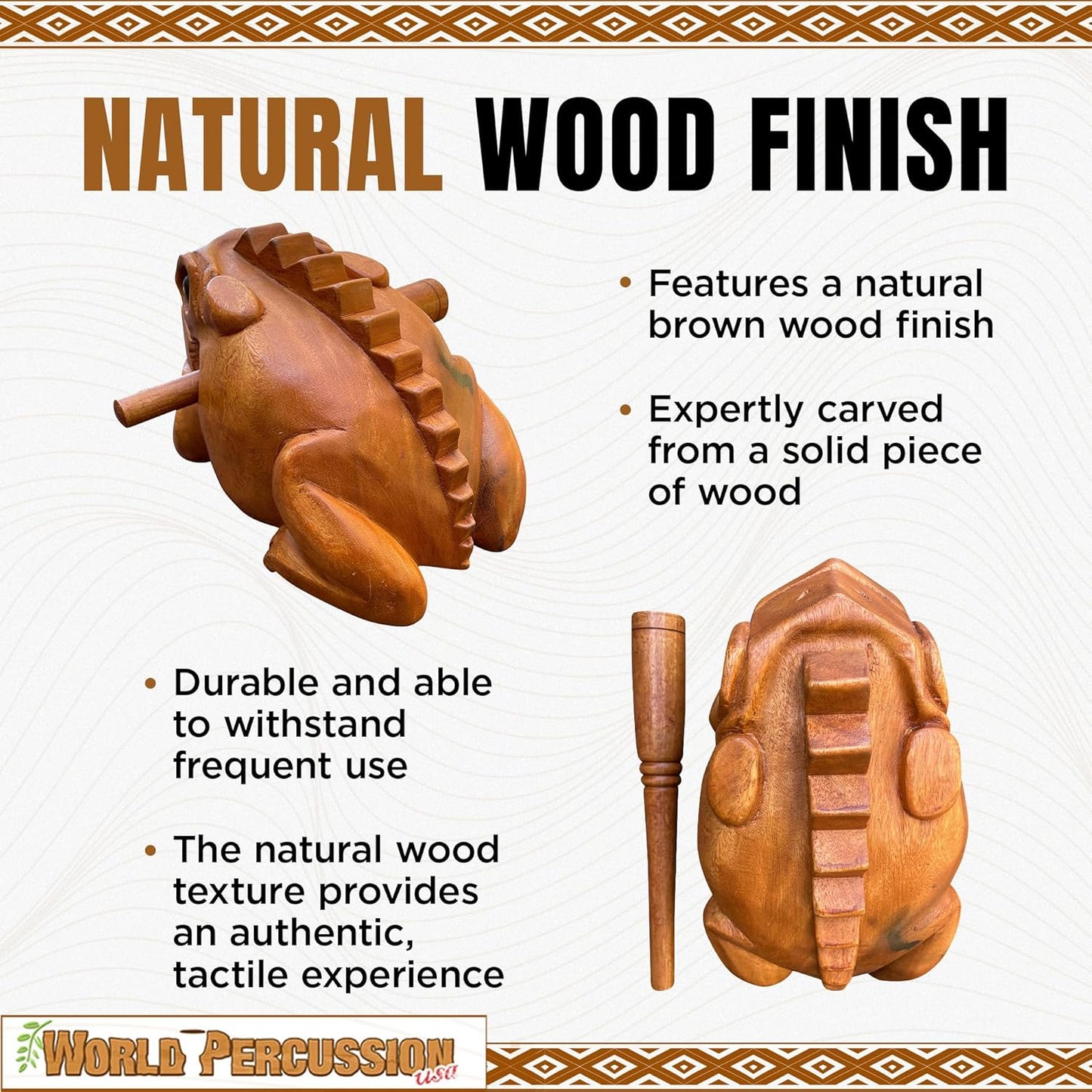 Deluxe Extra-Large 8" Wood Frog Guiro Rasp - Percussion Musical Instrument Tone Block - Wooden Instrument with Stick, Noise Maker by World Percussion USA