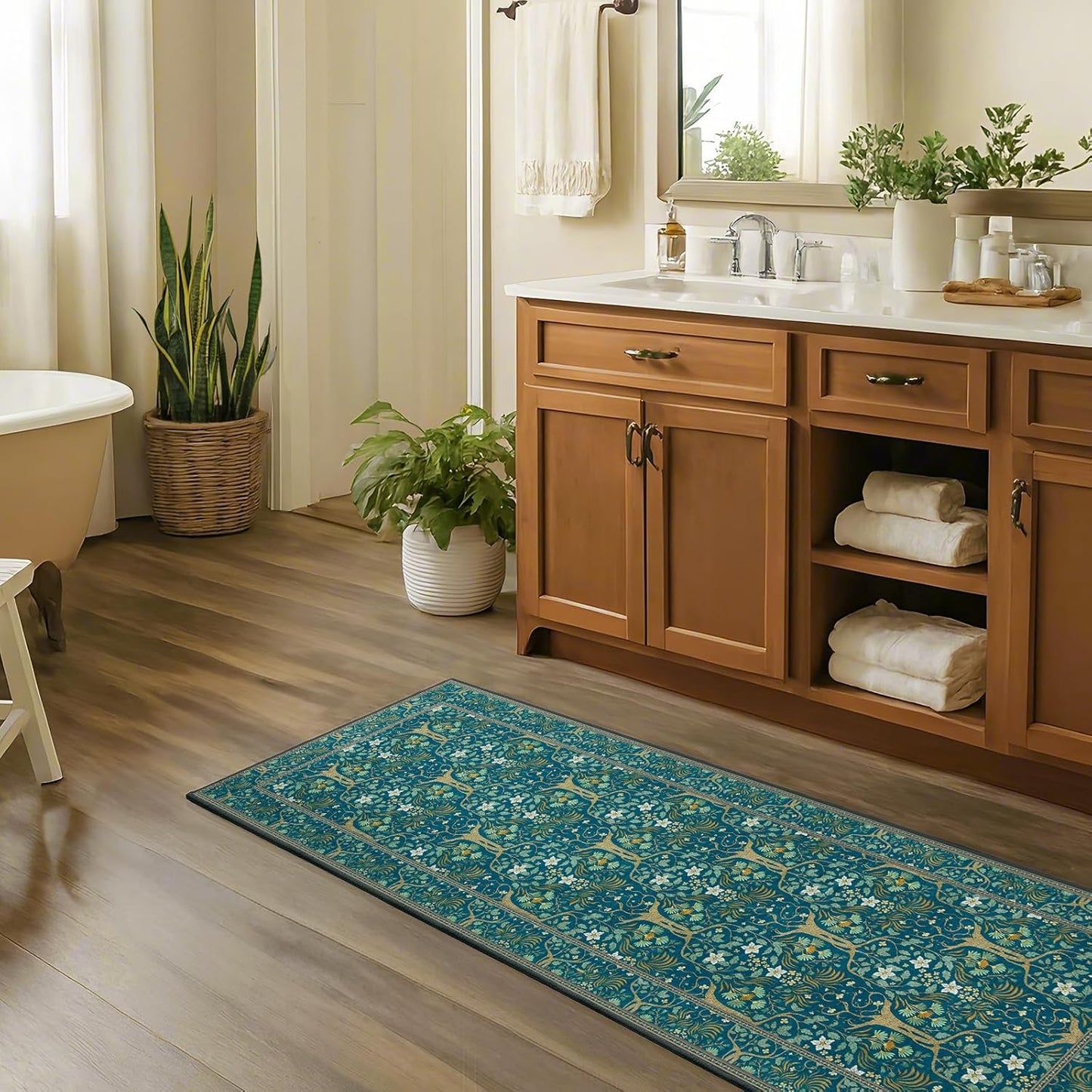 Joydeco Washable 2x6 Rug Runners for Hallways Non Slip, Boho Floral Bathroom Rug Runner, Soft Botanical Forest Indoor Floor Throw Carpet for Kitchen Laundry Room Entryway, Dark Blue