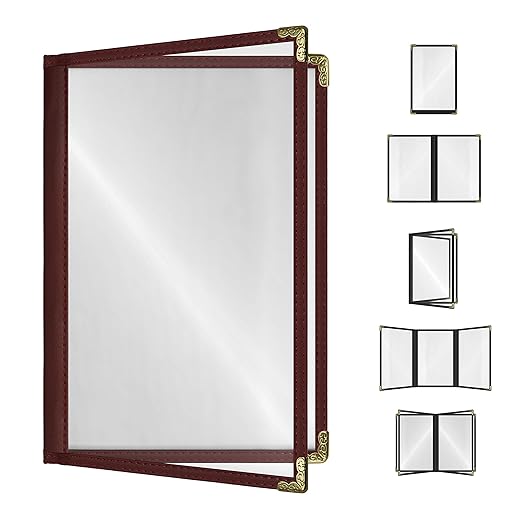 Goodsmart Restaurant Menu Covers – 25 Pack Burgundy 4-View, Side-Loading Menu Holders, Vinyl & Plastic Café Menu Covers, Clear Menu Sleeves, Fits 5.5" x 8.5", Leather-Style Design, Gold Corners