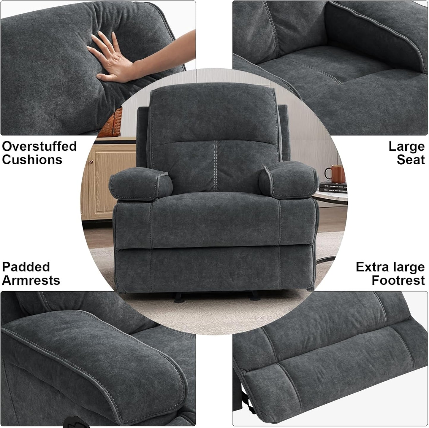 Nursery Glider Recliner Rocking Chair with Extra Large Footrest,Velvet Upholstered Nursing Chair for Breastfeeding for Living Room, Bedroom, Nursing Room (Style A, Dark Grey)