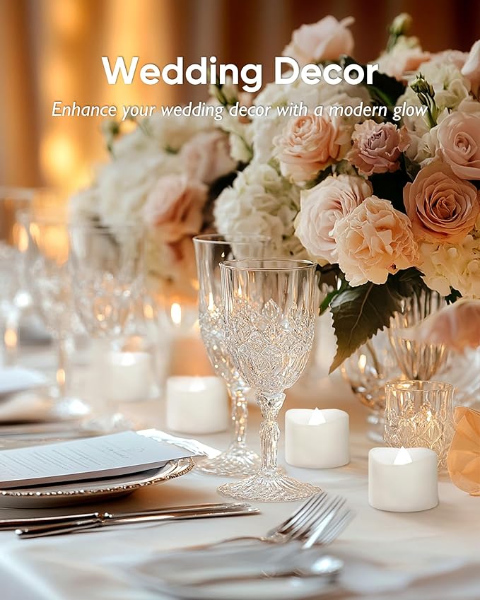 Homemory 48-Pack Cool White Novelty Flickering Flameless Tea Lights, 200+Hours Battery-Operated LED Fake Candles for Wedding Table Centerpieces,Proposal,Anniversary, White Base, Ø1.5'' × H1.3''