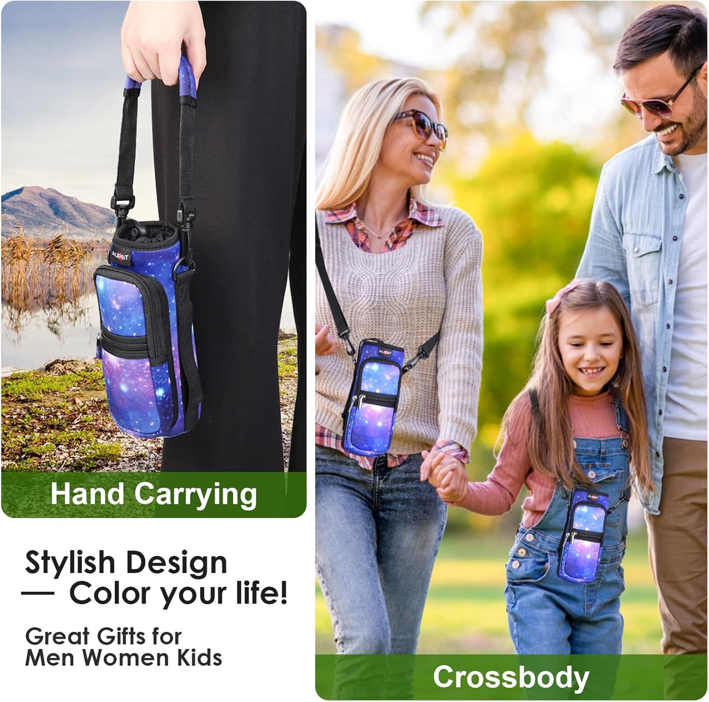 AUPET Water Bottle Sling Bag Sleeve Holder Carrier 25/32/40/64 oz,Insulated Crossbody Water Bottle Case Cover with Strap and Pockets for Men/Women Walking Hiking