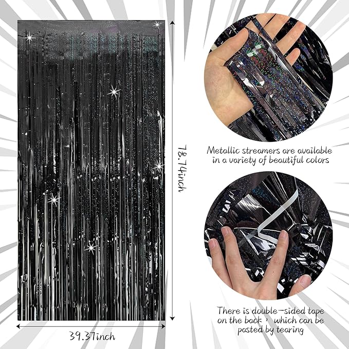 Tinsel Curtain Party Backdrop Black Birthday Decorations 5 Packs Glitter Foil Fringe Curtain Party Decor Streamers Photo Booth for Birthday Christmas Wedding Halloween Graduation Decorations