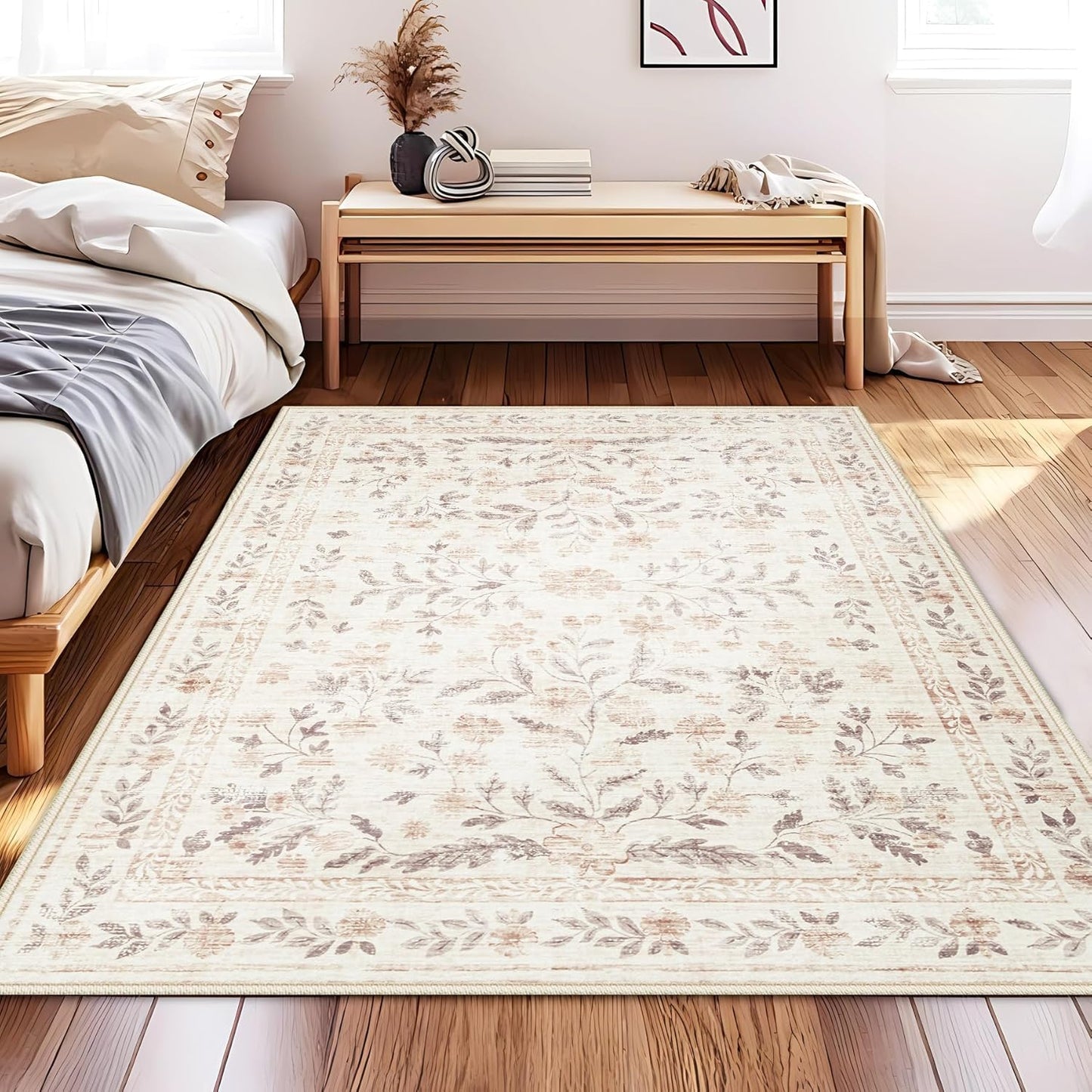 Rugs for Living Room 4x6 Rug, Washable Floral Boho Area Rug Non Slip Soft Low Pile Small Carpet for Bedroom Girls, Bedside, Kitchen, Entryway, Kids Room, Office, College Dorm(4'x6', Floral Beige)