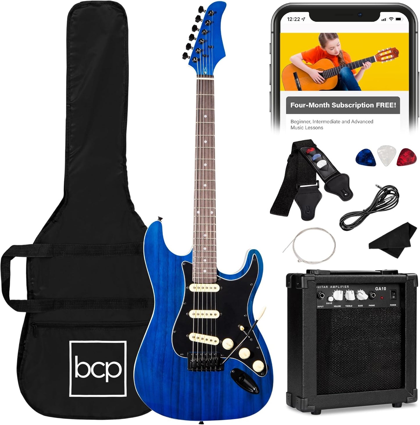 Best Choice Products 39in Full Size Beginner Electric Guitar Starter Kit w/Case, Strap, 10W Amp, Strings, Pick, Tremolo Bar - Midnight Blue