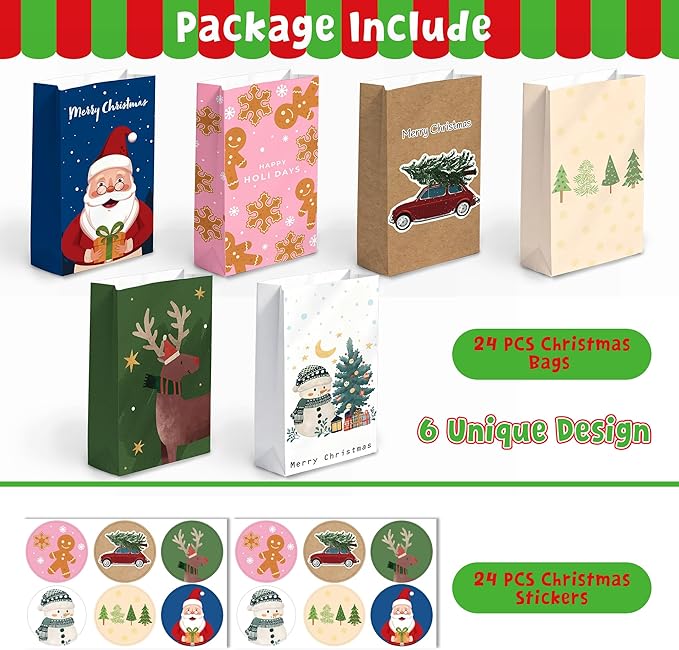 Riccioofy Christmas Treat Bags - 24 PCS Gift Bags with Stickers | CHRISTMAS Bags for Gifts | Xmas Party Favors for Kids | Small Christmas Gift Bags Assorted Sizes Baskets Decorations
