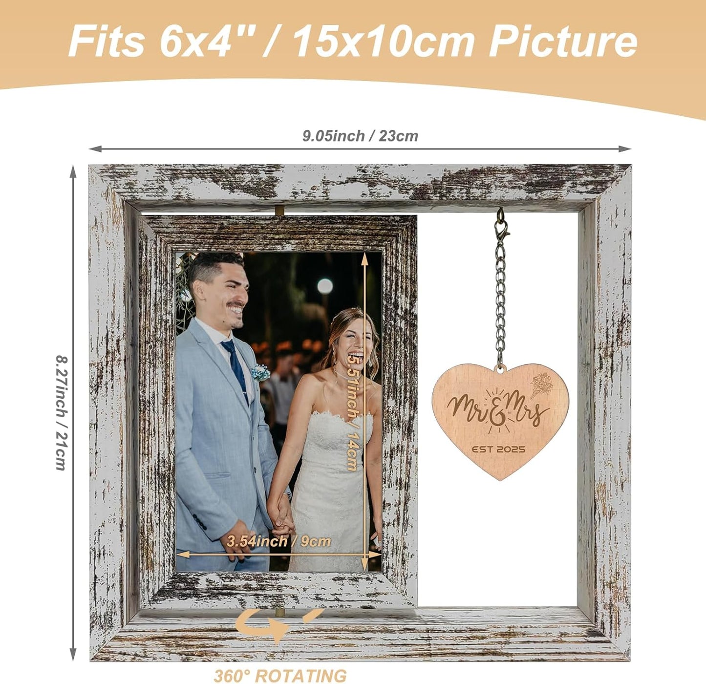 Mr & Mrs EST 2025 Picture Frame – 360° Rotating Double Photo Frame Vintage Wedding Gifts for Newlyweds - Bridal Shower Gifts for Bride(Dis Two 6x4)