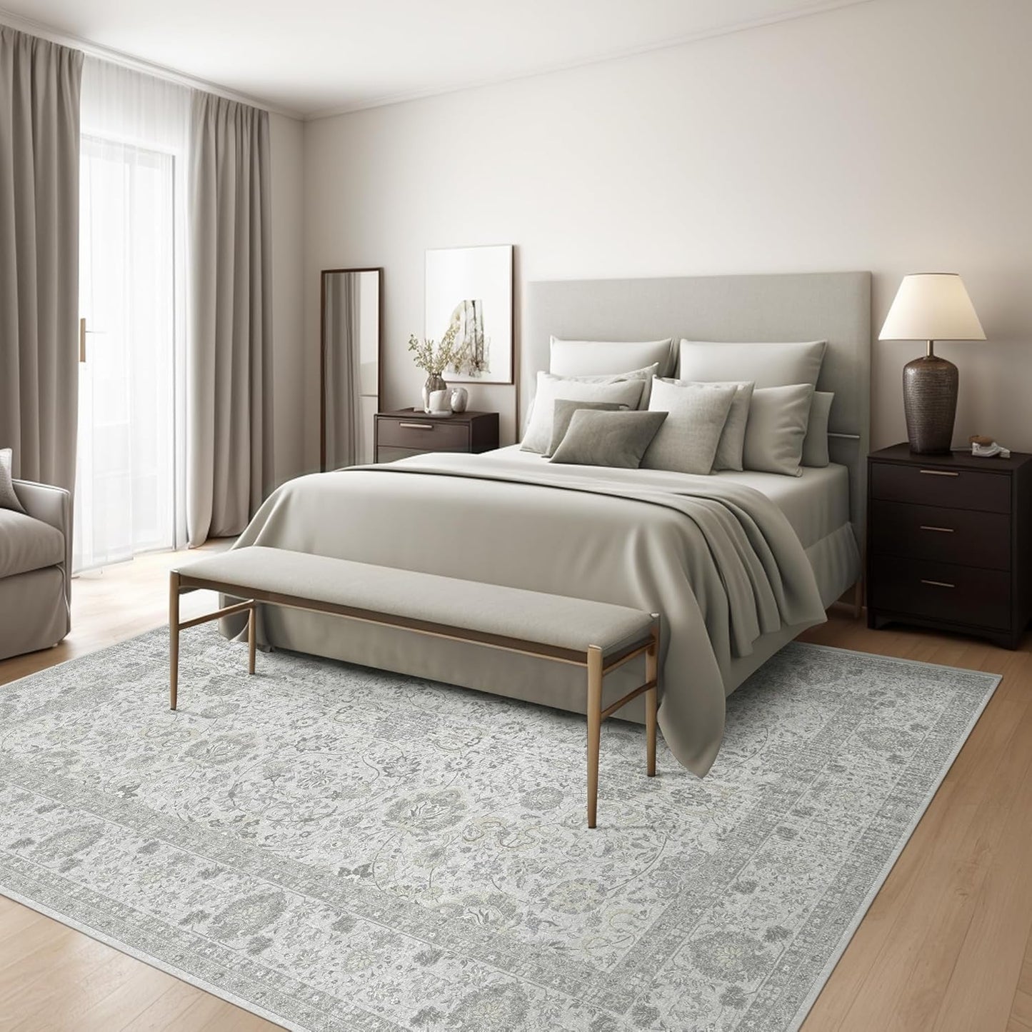 Boho Washable Area Rug Neutral Grey 5x7 Rugs for Living Room, Floral Modern Bedroom Rug Indoor Carpet for Dining Room Kids Room Playroom