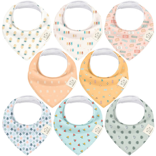 8-Pack Organic Baby Bandana Bibs for Girls - Super Absorbent Triangle Baby Bibs for Drooling and Teething Infant, 100% Cotton Extra Soft for Newborn, Infant 0-36 Months (Beach Day)