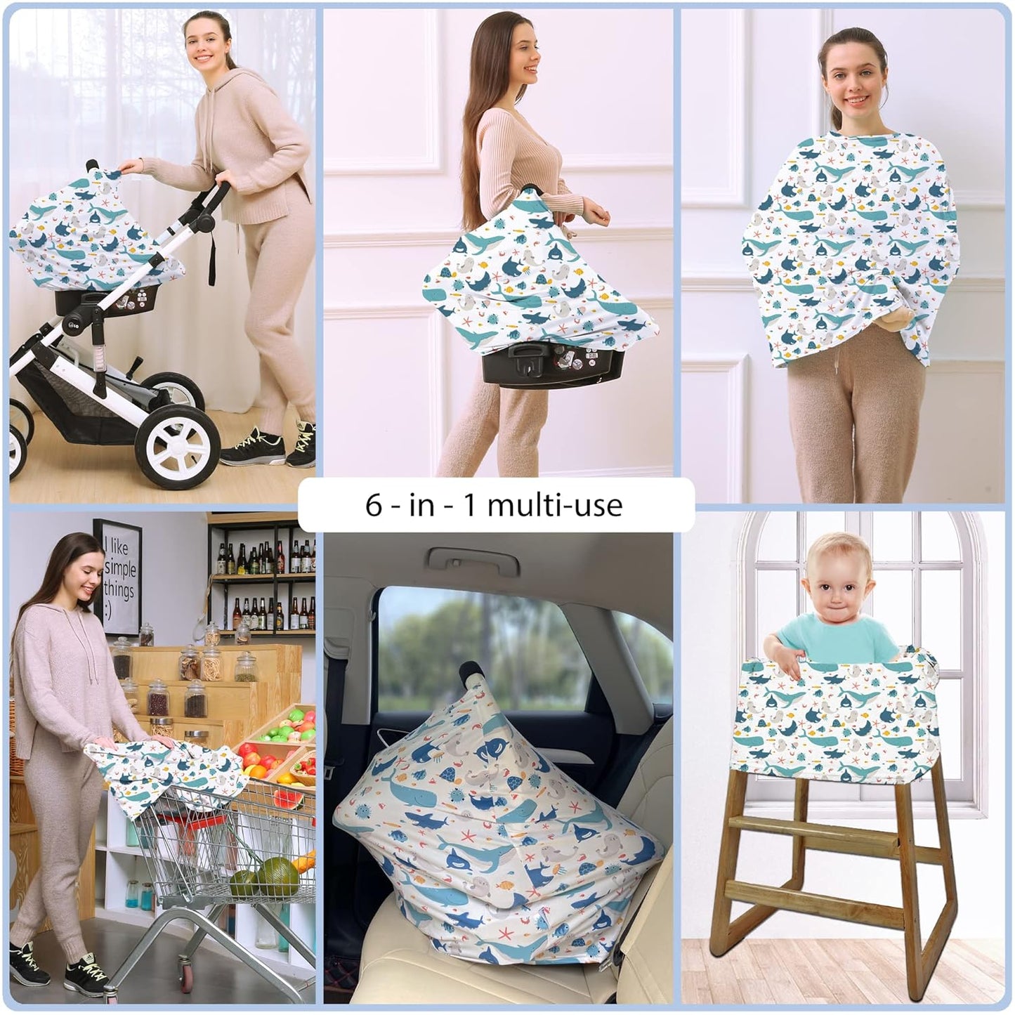 Car Seat Covers for Babies - Multi- use Nursing Carseat Canopy, Breastfeeding Covers, Baby Shower Gifts for Boys and Girls (sea World)