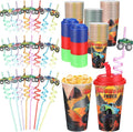 Yungyan 36 Sets Monster Truck Party Favors Goodie Cups with Lids and Straws for Birthday Decorations Reusable 16oz Plastic Candy Cups Plastic Straws for Birthday Party (Truck)