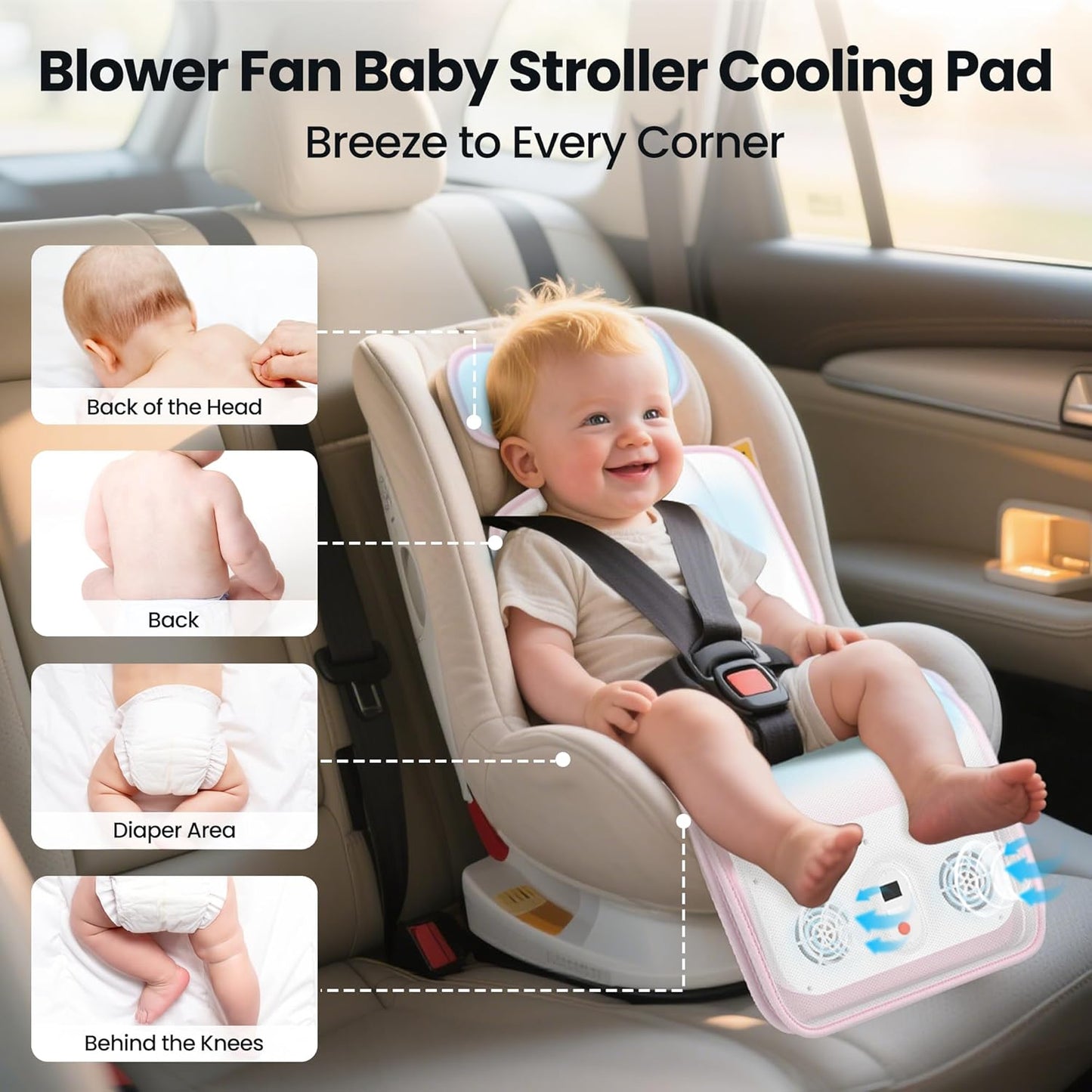 Baby Stroller Cooling Pad,Car Seat Cooler with 2 Built-in Blower Fan| 10h maxRuntime & 10000mAh Battery | 3-Speed Adjustable & Breathable 3D Mesh, Carseat Cushion,Baby Essentials in Summer
