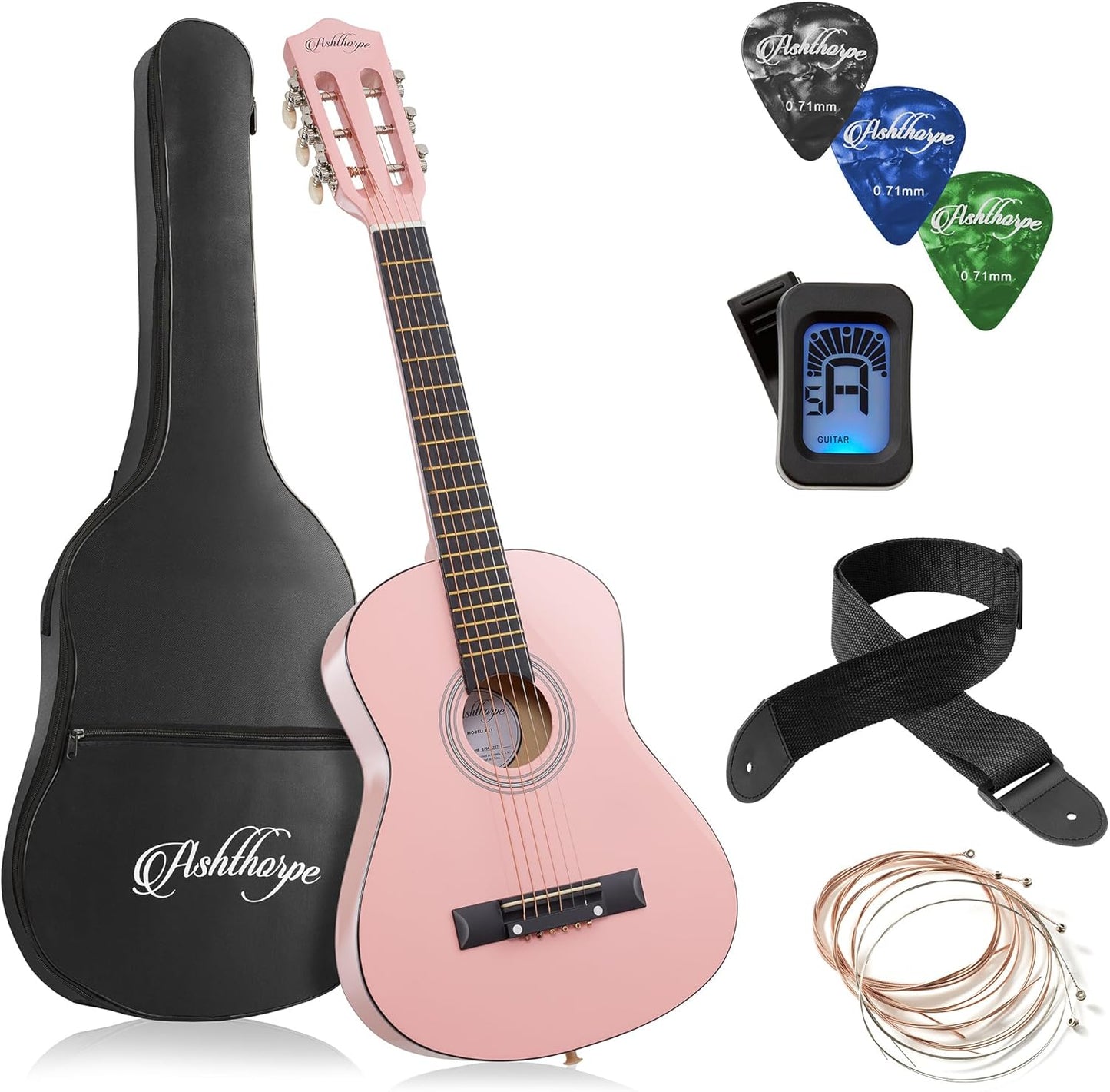 Ashthorpe 30-inch Beginner Acoustic Guitar Package (Pink), Basic Starter Kit w/Gig Bag, Strings, Strap, Tuner, Picks