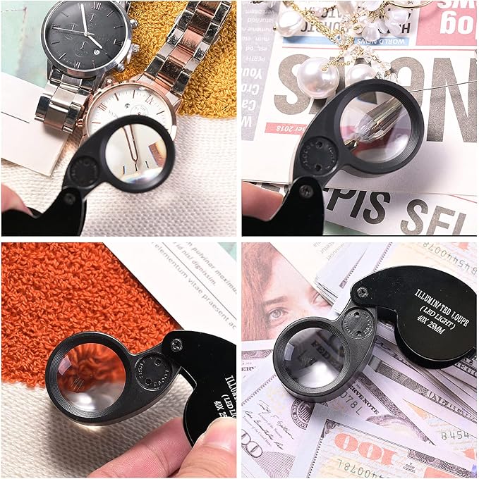 2 Pieces 40X Magnifying Glass, Jewelers Loupe Pocket Folding Magnifier with Light for Watch Coins Stamps Gems Jewelry Diamond Identifying