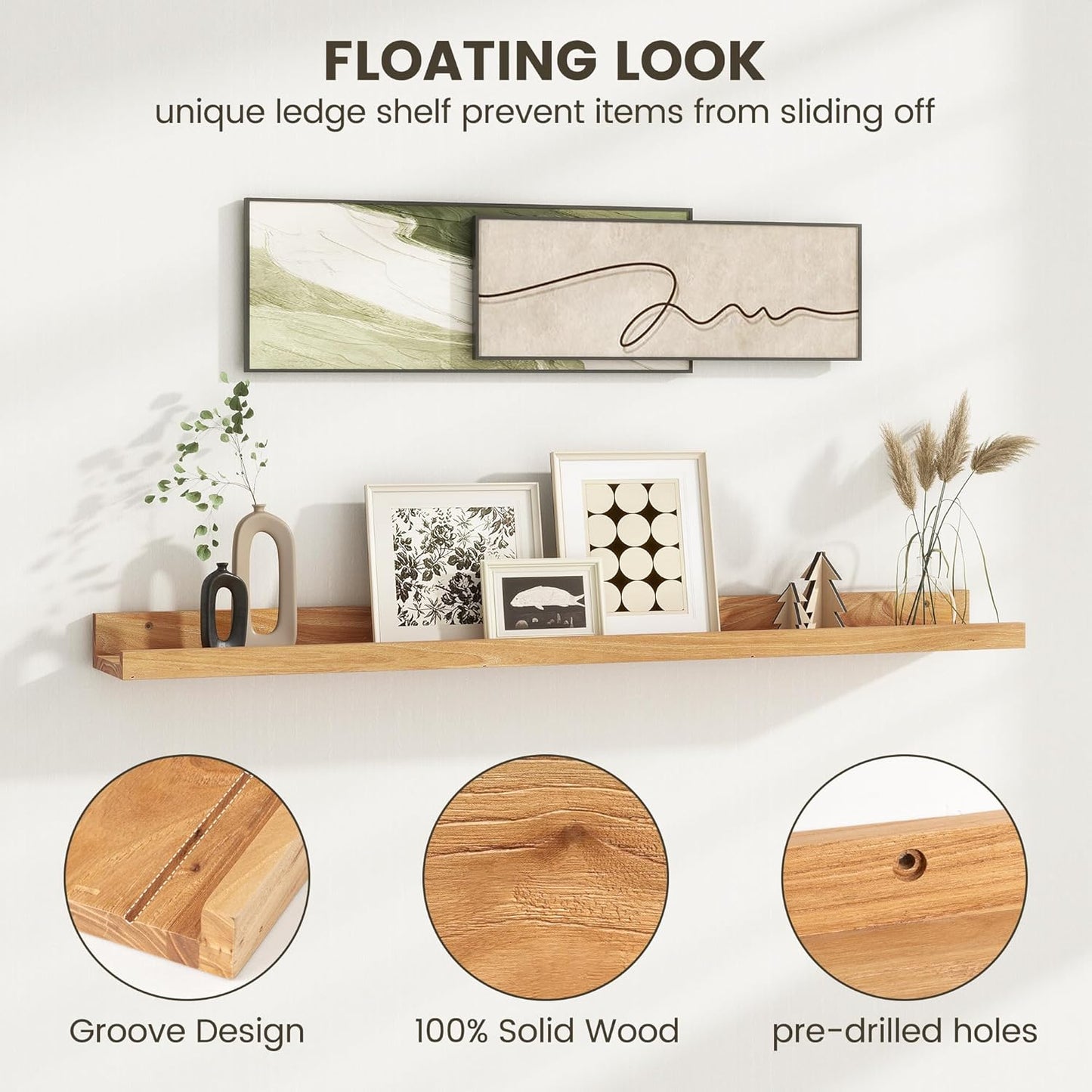 Picture Ledge Shelf - 24 Inches Floating Shelves Set of 2 - Rustic Elm Wood Ledge Shelves for Toys Storage, Kids Bookshelf Wall Mounted for Bedroom, Living Room, Kitchen - 24 Inches - Natural Color