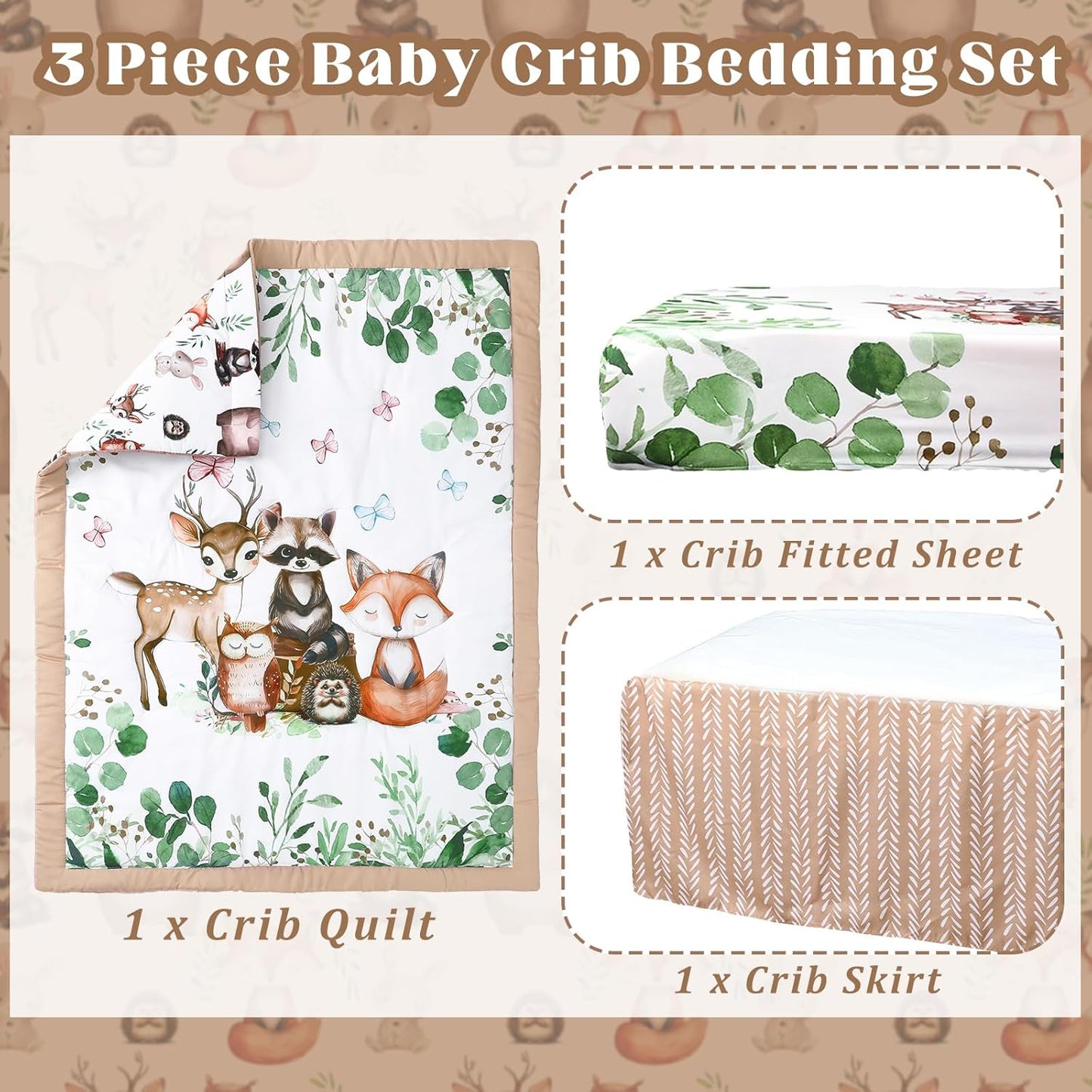 3 Pcs Baby Crib Bedding Set Safari Animals Dinosaurs Bear Woodland Animals Jungle Crib Set Includes Quilt, Fitted Sheet, Skirt for Baby Boy Girl(Green,Woodland Raccoons Deer Etc.)