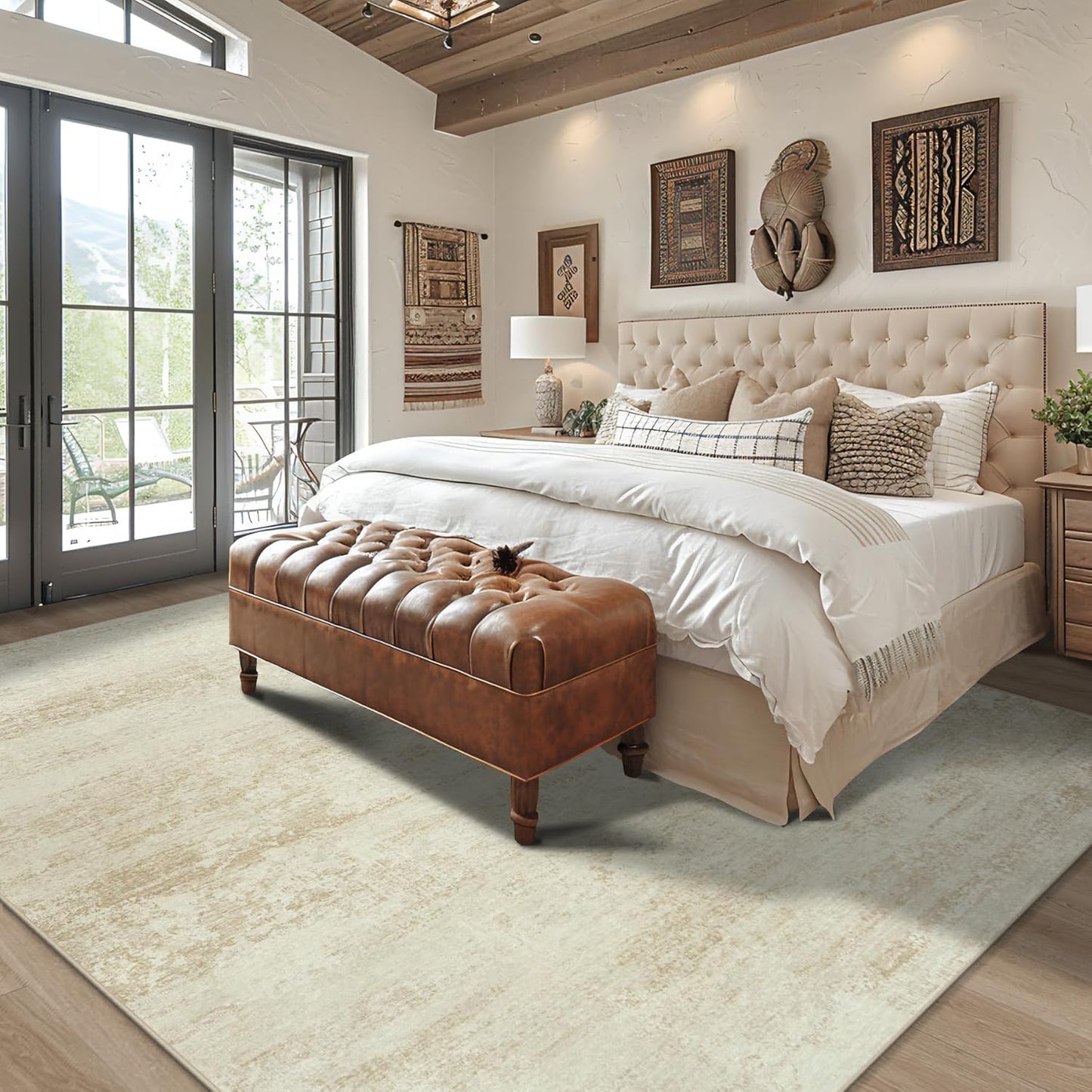 Washable Rug 6x9 Area Rugs, Abstract Large Living Room Rugs with Non-Slip Backing, Thin Carpet for Dorm Dining Room Table Nursery Indoor Home Office -Beige