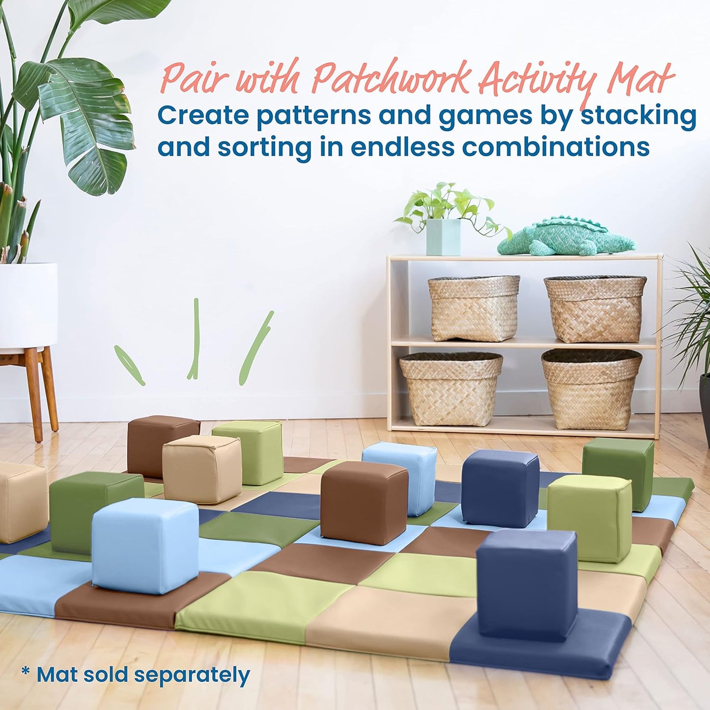 ECR4Kids SoftZone Patchwork Toddler Building Blocks, Foam Cubes, Earthtone, 12-Piece