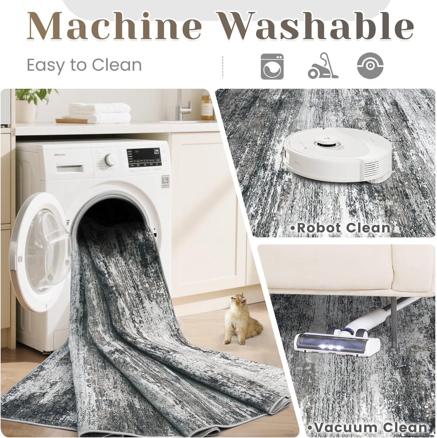 Washable Rug 8x10 Area Rugs for Living Room: Large Neutral Soft Rug Abstract Non Slip Low Pile Modern Carpet for Bedroom Kitchen Nursery Office Dining Room Indoor (Black, 8'x10')