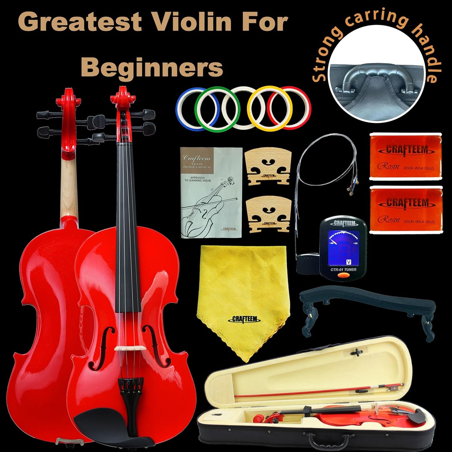 1/4 Fiddle Red Colored Premium Violin Outfit for Beginners Adults Kids With 5 Color Fingering Tape- Handcrafted Student Beginner Violin. (Red, 1/4)