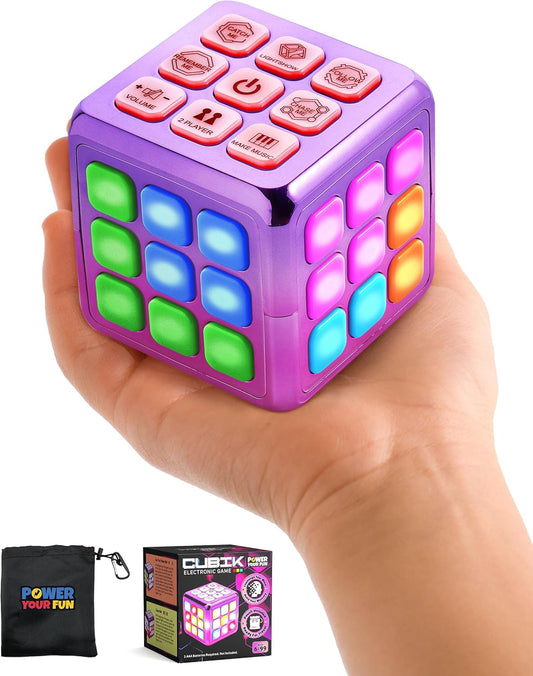 Power Your Fun Cubik LED Flashing Cube Memory Game - Electronic Handheld Game STEM Toy, 5 Brain Memory Games for Kids Brain Play Sensory Toys Puzzle Fidget Toy Light Up Cube (Metallic Pink/Purple)