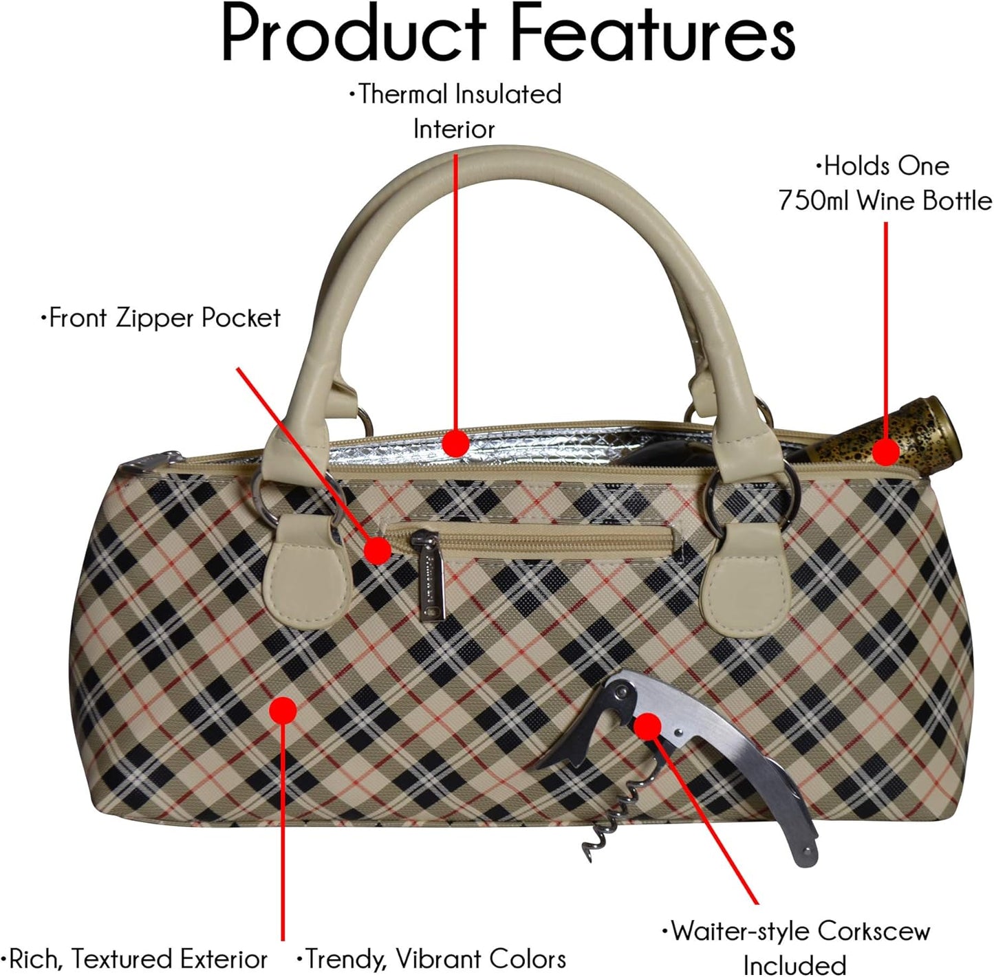 Wine Clutch Bag Thermal Insulated Wine Carrier Tote Holds Red and White Wine 750 Milliliter Bottle Includes Portable Waiter Style Corkscrew