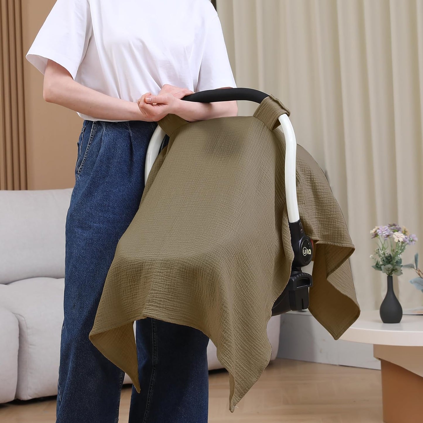 100% Muslin Cotton Car Seat Cover Baby, Carseat Canopy Cover, Universal Fit Stroller Covers for Boys and Girls (Coffee)