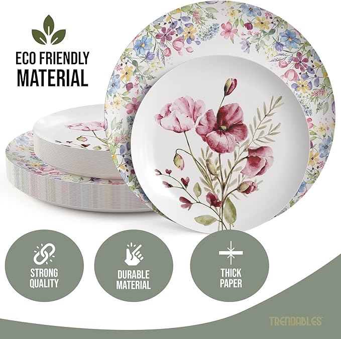 Trendables Heavy Duty Paper Plates Set For 16 Guests - 16 Each Of 8-inch And 10-inch Disposable Plates For Party - Fancy 32 Piece Dinnerware Set For All Occasions | Floral Design, Provincial