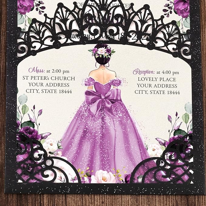 50Pcs Purple Crown Invitations for Quinceanera, 15 year, Sweet 16, Miss XV, Birthday Laser Cut Quince Invitation Cards Personalized Pearlized Black