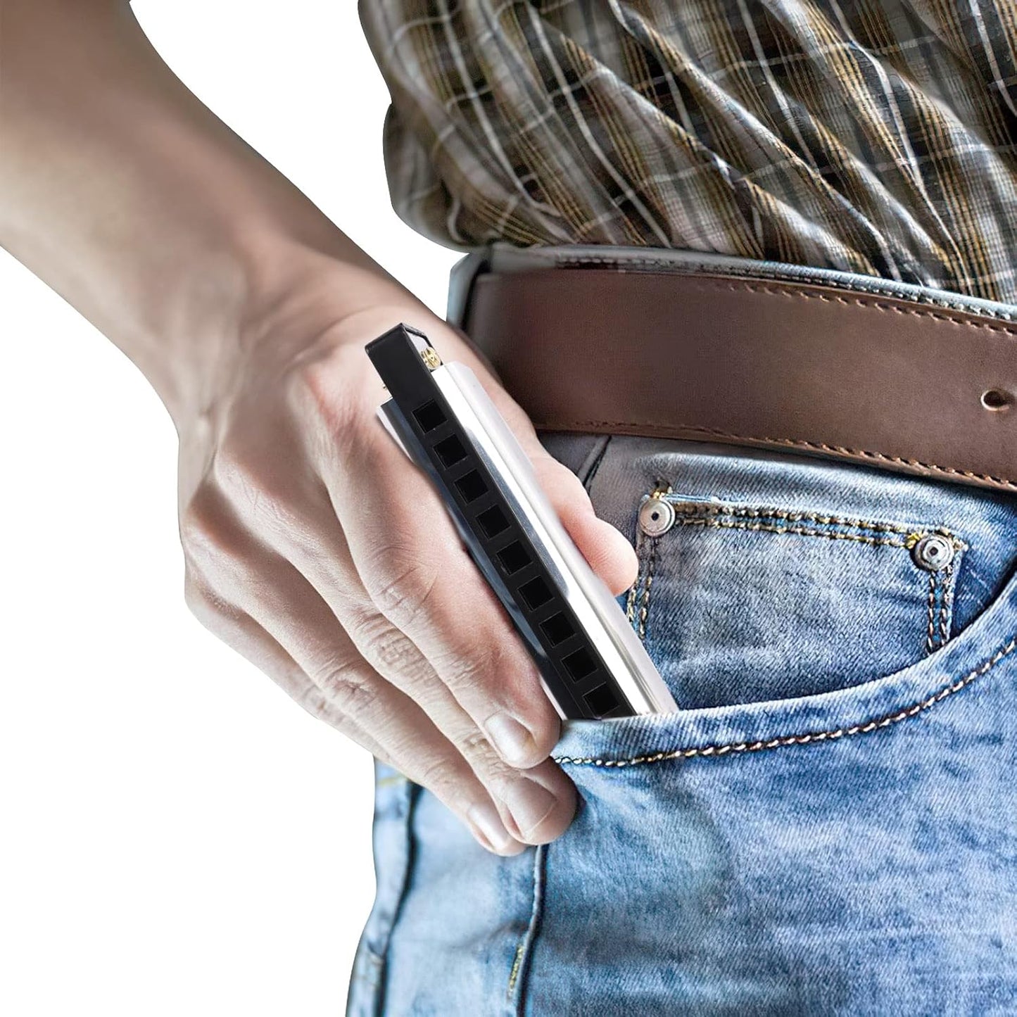 UPINS Harmonica, 4PCS Key of C 10 Hole 10 Tones Titanium Color Harmonica with Case for Beginner (Silvery)