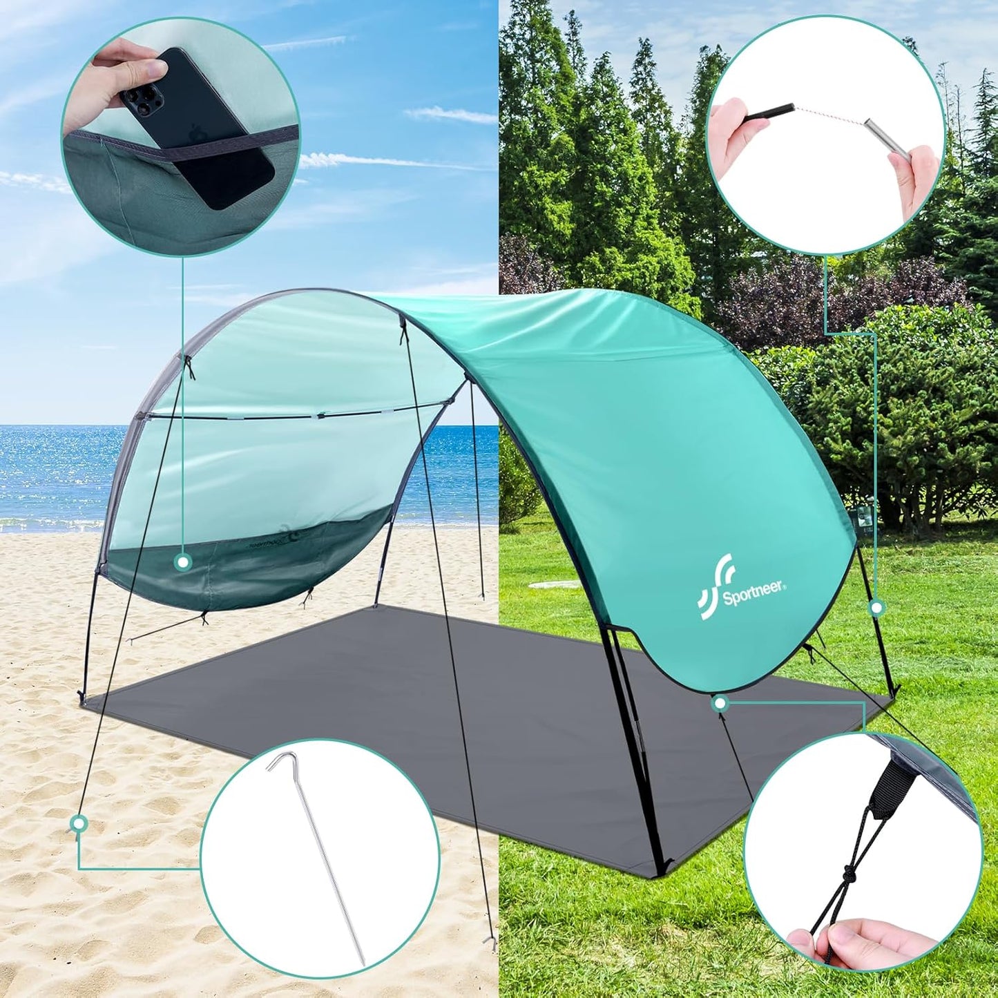 Sportneer Beach Tent Sun Shelter: UPF 50+ UV Protection Beach Canopy Tent Sun Shade for 2-3 Person, Easy Set Up Canopy with 8 Wind Ropes and 12 Ground Stakes for Beach, Size 96.5''x55.7''