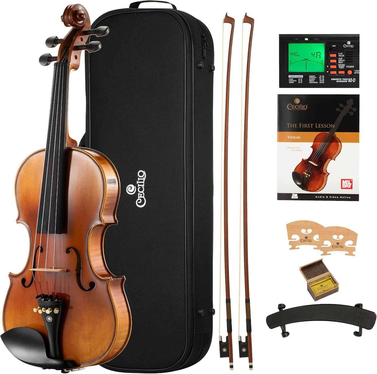 Cecilio Violin 4/4 Full Size Kit Hand Oil Rub Highly Flamed 1-Piece Back Solidwood Violin with D'Addario Prelude Strings, Size 4/4 (Full Size)
